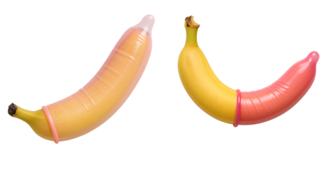 Banana with a condom on a white background. Educational illustration on sex education and protection. Used in medical or educational materials.