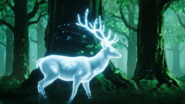 Glowing white deer with large antlers standing in a mystical forest with green trees and foliage, conveying a magical and mysterious mood with a shallow depth of field.
