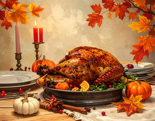 Rustic Thanksgiving dinner table set with roasted turkey and autumn decorations Generative AI