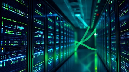 Server room with abstract LED light patterns in blue and green.