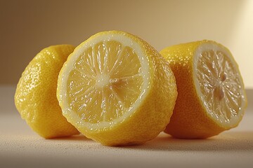Fresh juicy lemons in warm light, closeup of sliced and whole citrus fruits showcasing vibrant yellow texture and refreshing appeal