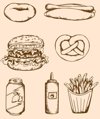 A handdrawn illustration of fast food items on a plain background