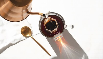 Pouring Hot Water Into Drip Bag Coffee for a Single-Serve Brew, High Angle View of Copper Kettle and Golden Spoon on a White Surface