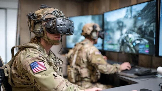 In a high-tech command center, military personnel use advanced virtual reality equipment to enhance their training and tactical skills. The realistic environment boosts their combat readiness