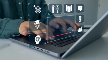 E-learning education, online webinar,business training and internet lessons. Live conference.Digital education internet technology.Man who attends online lessons on a digital technology screen.