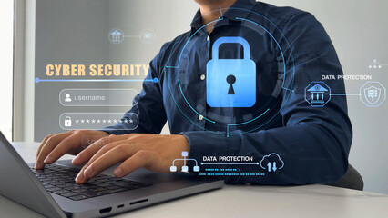 Protecting herself from cyber attacks and personal data.Cyber security network.Cyber security...