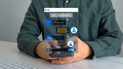 Online support Chatbot conversation. Virtual assistant, artificial intelligence Bot software automation technology. Customer person using chat service to get support.