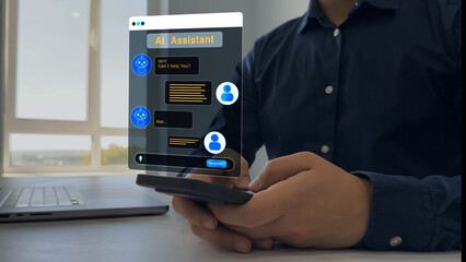 Person searching for information with the help of Ai assistant.Virtual assistant, artificial intelligence Bot and CRM software automation technology.Ai generator documents,bot writing and coding	
