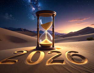 Firefly sand timer with year transition shows fine sand flowing down in desert landscape Generative AI