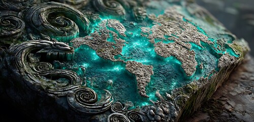 Lost oceanic hologram map encoded on ancient coral stone slab glowing cyan