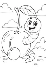 Worm Eating a Cherry - Coloring Page for Kids