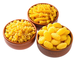 Three bowls of various pasta types
