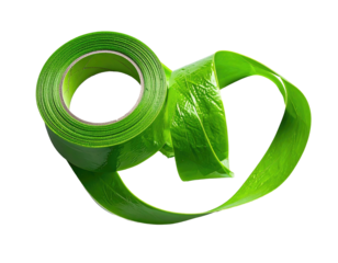 Bright lime green tape roll, twisted and partially unwound, isolated against black background