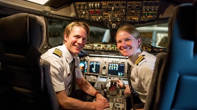 Two pilots share a joyful moment in the cockpit, showcasing their teamwork and professionalism. The cockpit is illuminated and filled with flight instruments during a night setting