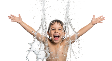 Joyful boy with arms outstretched under splashing water isolated on transparent background