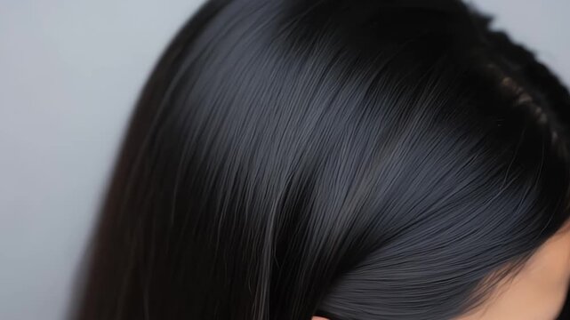 Close up view of sleek black hair with a defined part showcasing scalp health