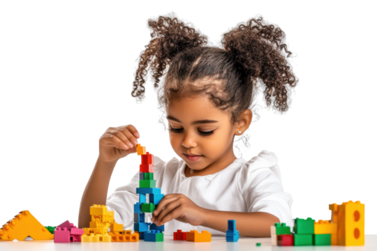 Girl building colorful blocks on transparent background