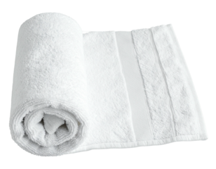 Rolled white bath towel, slightly unfurled, showing subtle horizontal lines