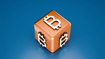 Orange Bitcoin Cube With Cryptocurrency Logos On Blue Background For Finance Blockchain Investment And Virtual Money Concept