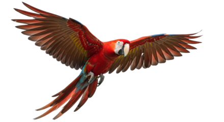 Isolated Scarlet Macaw spreading wings, vibrant flying parrot with colorful plumage