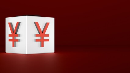 3D Japanese Yen Cube Currency Symbol On White Block Against Red Background Representing Global Economy Finance Banking And Investment