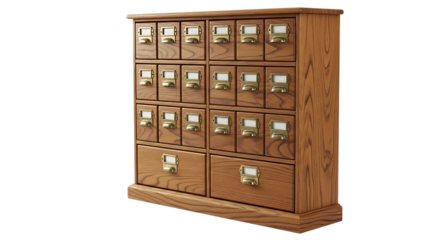 Antique wooden card catalog cabinet isolated on transparent background