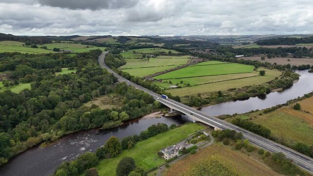 Aerial drone view bridge Hexham north east england northumberland market town city british uk Tynedale