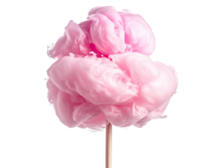 A fluffy pink cotton candy confection on a stick