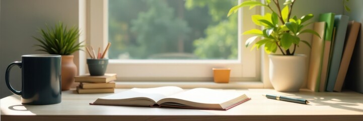 Fototapeta premium Minimal home office desk setup Notebook, mug, plant, books, supplies , peaceful, equipment, flatlay