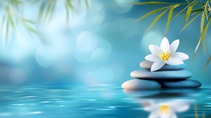 A serene scene featuring a delicate white water lily atop a stack of smooth, gray stones resting on a tranquil body of water.