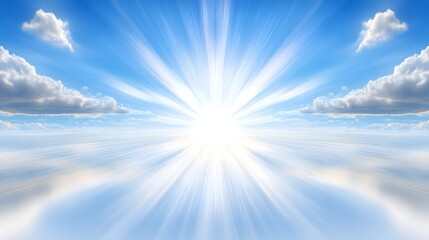 A vibrant, radiant sky, filled with puffy clouds and a brilliant sun, radiating light and energy.