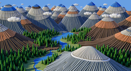 A striking digital art image of a mountain landscape with a winding river, created with a unique papercraft or corrugated material texture. The scene is bright, colorful, and highly stylized.