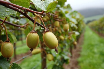 Obraz premium Vibrant Kiwi Orchard in New Zealand: Lush Green Trees and Bountiful Fruits Ready for Harvest