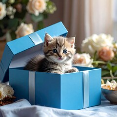 Kitten in a gift box surrounded by flowers