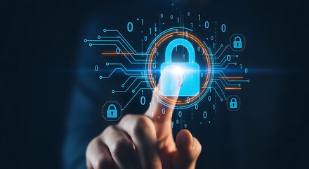 Finger touching digital screen with glowing padlock representing cybersecurity and data protection with binary code background.
