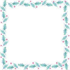 Square frame of holly leaves. Christmas watercolor