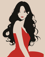 a beautiful girl in red dress asian with long wavy hair vector art illustration 