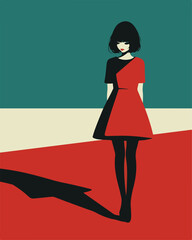 a beautiful girl in red dress asian with long wavy hair vector art illustration 