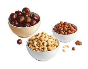 Three bowls of nuts chestnuts, almonds, and cashews