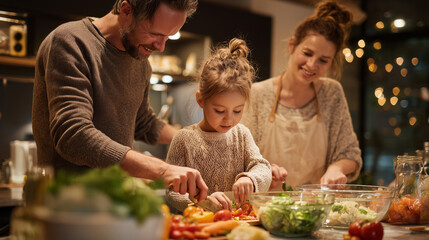 Family cooking healthy meal in modern kitchen, bonding moment, warm lighting