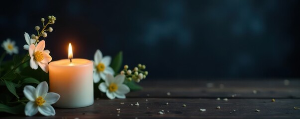 Dark background condolence card design; burning candle, white flowers, copy space, remembrance, card