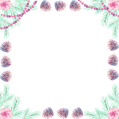 Square frame of fir branches with pine cones. Christmas. Watercolor.