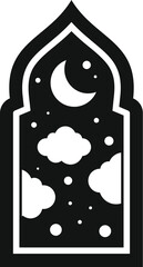 Black and white vector illustration of a mosque window with crescent moon and clouds, perfect for ramadan or islamic projects