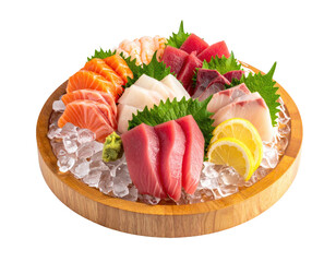 Fresh sashimi assortment on a wooden platter with ice
