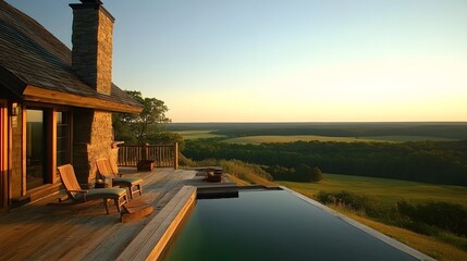 Fototapeta premium Stunning Sunset View from Modern Cabin with Infinity Pool