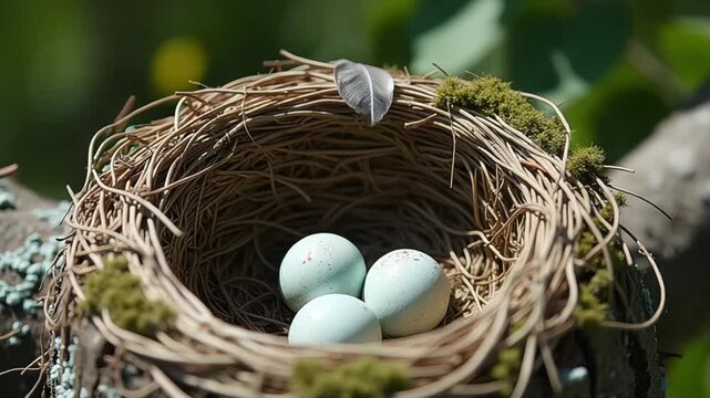 Bird's nest with three robin eggs and a feather resting on top in a tree branch