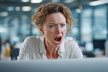 Woman feeling stress and frustration at work. Emotional overload and anger during difficult business dealings. Office worker having a bad day.