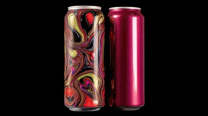 Fototapeta premium Two colorful metal beverage cans against a black background.