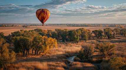 Obraz premium Hot air balloon gliding over a tranquil autumn landscape at sunset