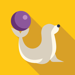Trained seal balancing a purple ball on its nose during a circus show